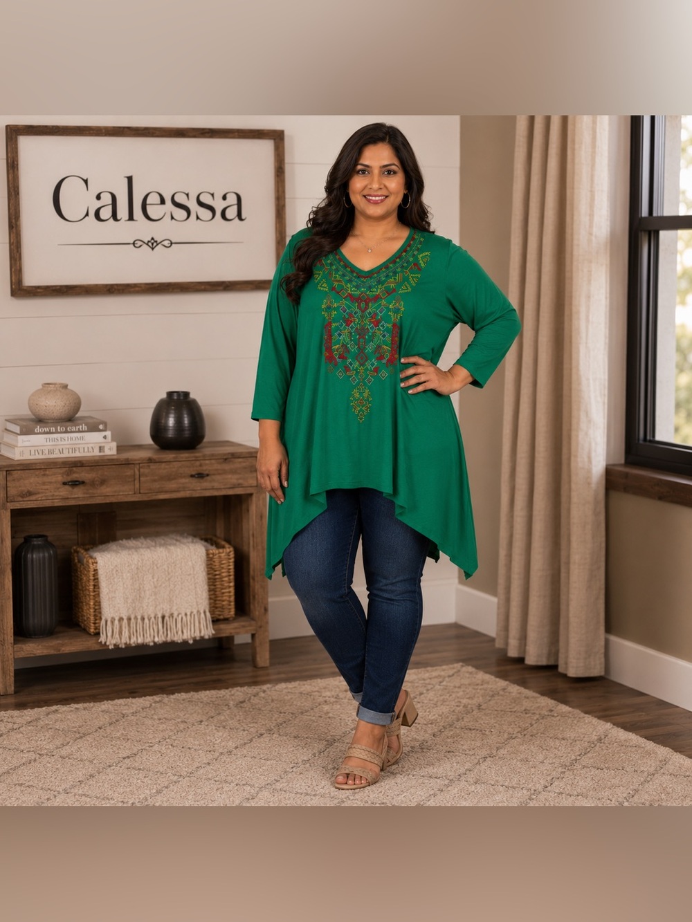 CA. NWT Calessa Green Embroidered V-Neck Tunic Top (XL)